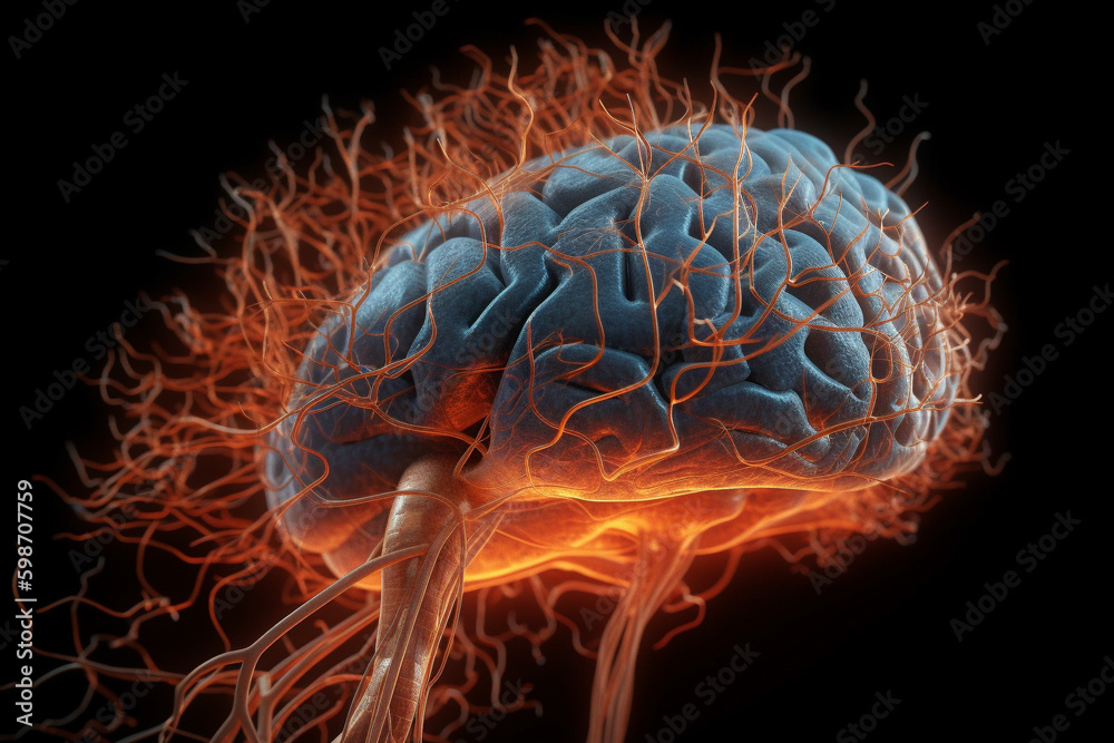 Poster human brain with a neural network of synapses lighting up. generative ai