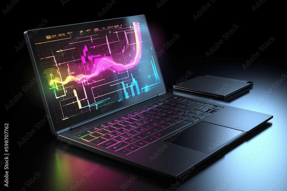 Poster a laptop with analytical data and chart flows. 3d rendering illustration. generative ai