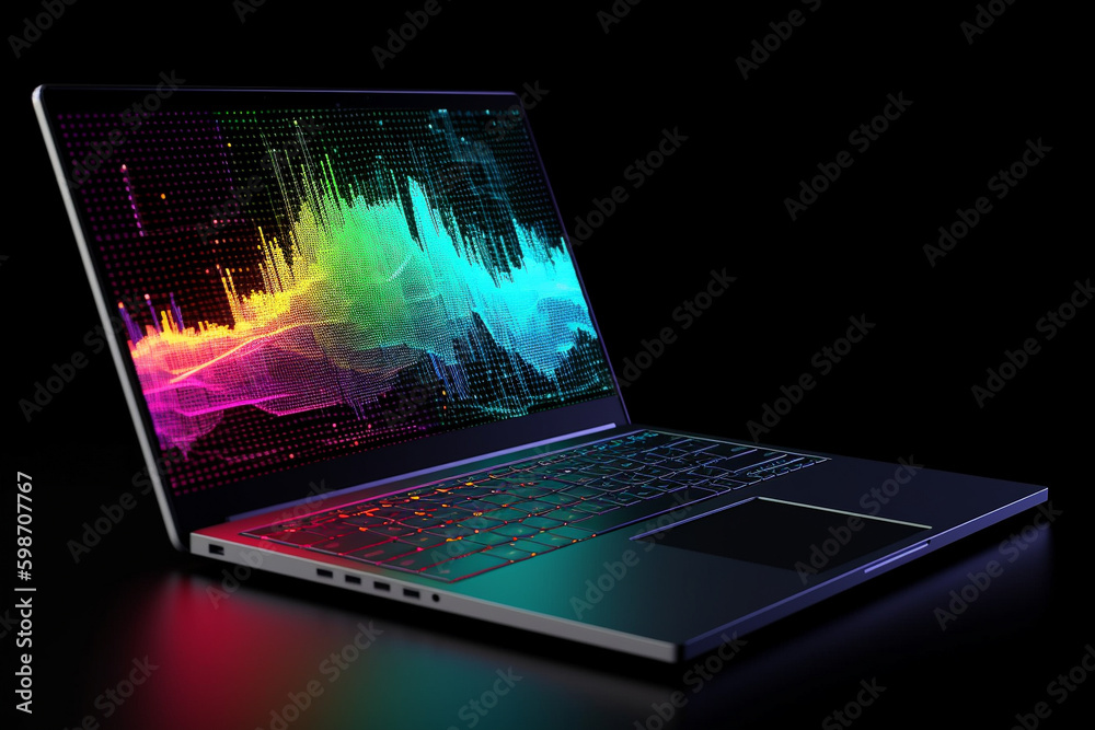 Poster a laptop with analytical data and chart flows. 3d rendering illustration. generative ai