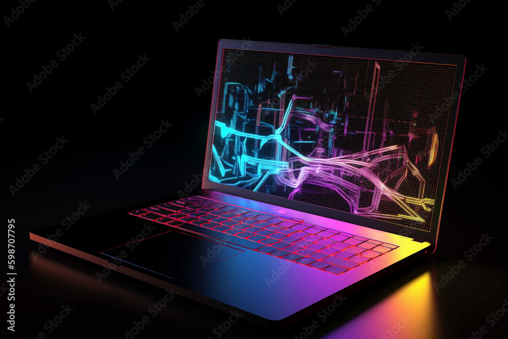 Poster a laptop with analytical data and chart flows. 3d rendering illustration. generative ai