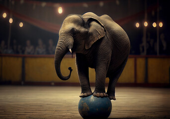 circus elephant stands on a ball. circus trick. ai generated Generative AI - obrazy, fototapety, plakaty