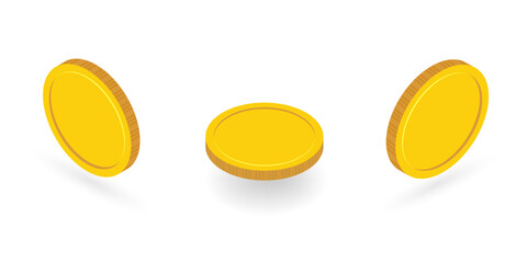 Isometric coins isolated on white background. Set of coin icons in 3d style. Symbol of economy, financial concept. Vector template for golden money, token, blockchain design