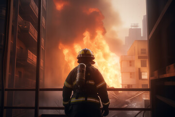 A firefighter battling a raging fire. generative AI - obrazy, fototapety, plakaty