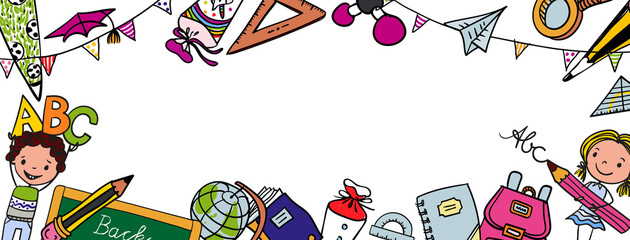 Back to school -  transparent png template for banner with sweet school kids and school objects. 