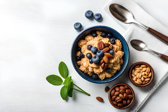 Oatmeal. Porridge with bananas, blueberries and walnut for healthy breakfast or lunch. Natural ingredients. generated by AI