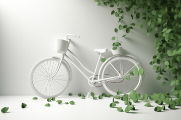 Fototapeta na wymiar White bicycle and green leafs - sustainable and eco friendly or green transportration concept. Generative AI