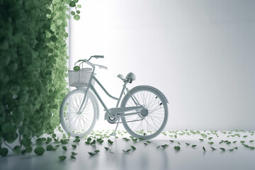 White bicycle and green leafs - sustainable and eco friendly or green transportration concept. Generative AI