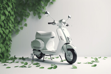 White scooter and green leafs - sustainable and eco friendly or green transportration concept. Generative AI
