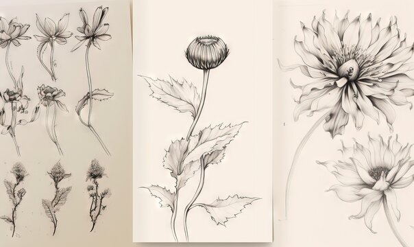  a couple of drawings of flowers on a white background and a black and white picture of a flower.  generative ai