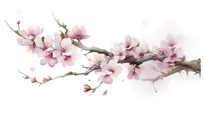  a branch with pink flowers on it against a white background.  generative ai