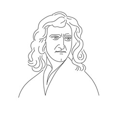 Portrait of Isaac Newton. Mathematician, Physicist, Astronomer, Alchemist, Theologian. Line, Round Brush. Isolated vector illustration.