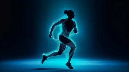 Fototapeta na wymiar Silhouette of running athlete. Abstract image of sporty woman runner jogger on blue form lines, point background. Dynamic movement, vide view. Generative AI. High quality illustration