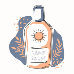 Minimalistic style illustration of  a cosmetic packaging, sunscreen in a bottle. Leaves, abstract stains, dots. Summer, sun and spf on a sun cream bottle