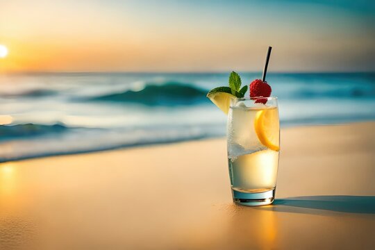 Exotic summer drinks , blur sandy beach on background. generated by AI