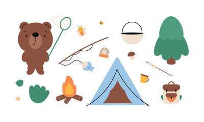 Vector set of camping elements and cute bear. Colorful illustration in flat cartoon style.