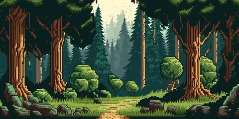 AI Generated. AI Generative. 8 bit abstract forest scene. Can be used for retro games or graphic design. Graphic Art