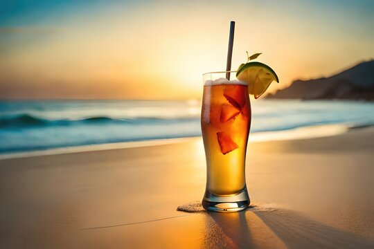 Exotic summer drinks , blur sandy beach on background. generated by AI