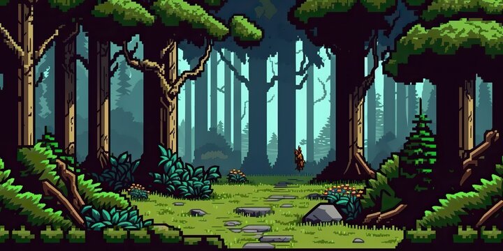 AI Generated. AI Generative. 8 bit abstract forest scene. Can be used for retro games or graphic design. Graphic Art