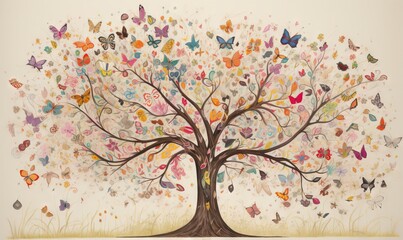  a painting of a tree with many butterflies on the branches.  generative ai