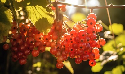  a bunch of red berries hanging from a tree with green leaves.  generative ai