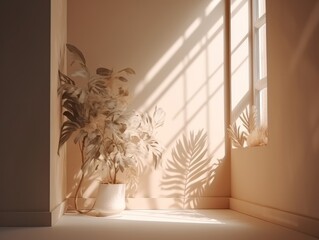 Natural light coming from the windows .Minimalistic Beige Background with Plant in Vase. Generative AI.
