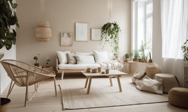  a living room filled with furniture and a plant in the corner.  generative ai