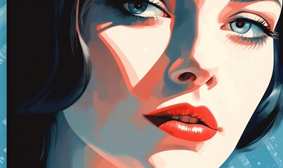  a painting of a woman with blue eyes and red lipstick.  generative ai