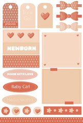 vector set pink elements for baby girl with lot of pretty decor