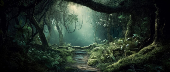 Fairy forest with trees and grass, landscapes, detailed fantasy art, and dark green forest passage. Generative Ai. 