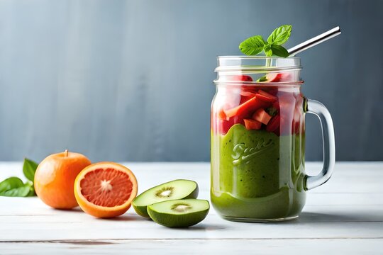 Mason jar mugs filled with green spinach and kale health smoothie. Generated by AI