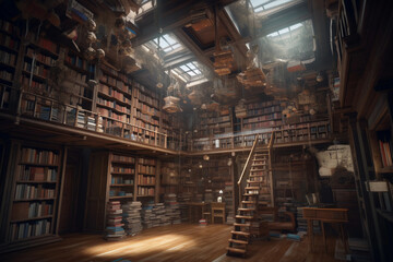Fototapeta premium A magical library where books organize themselves. generative AI