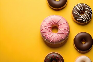 doughnuts scene - mix of multicolored sweet donuts with sprinkel on blue background. Generated by AI