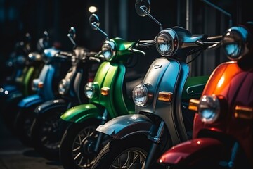 illustration, parking of mopeds of different colors, ai generative.