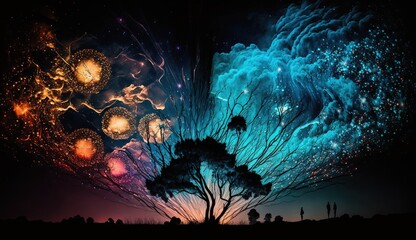 colorful fireworks over the forest on a dark background.