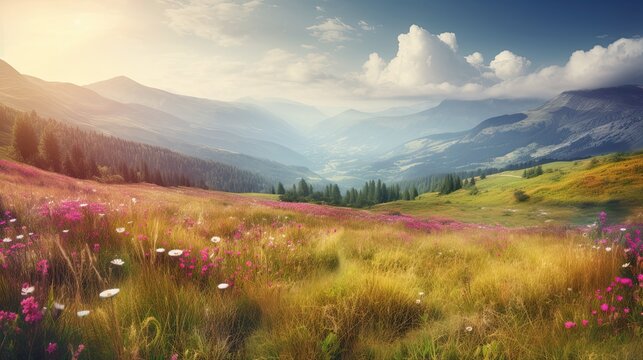 Gaze Upon Abundant Beauty: An Idyllic Mountain Landscape with Fresh Green Meadows and Blooming Wildflowers