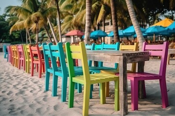 illustration, outdoor restaurant on the beach with table and chairs, ai generative.