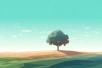 Zelfklevend Fotobehang Marvel at Nature's Splendid Minimalist Summer Landscape: Trees, Sky and Wide Field Illustration. Generative AI © Serhii