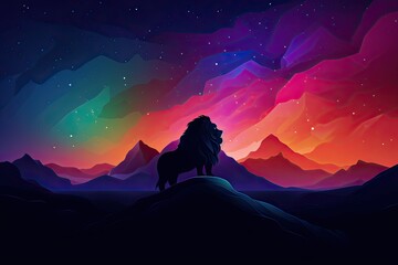 Mighty Lion Stands Before a Colorful Fantasy Mountain at Night, Copy Space, Generative AI