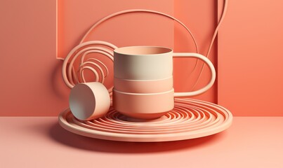  a cup and saucer on a plate on a pink background.  generative ai