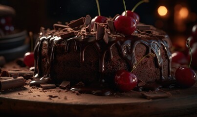 Fototapeta na wymiar a chocolate cake with cherries and chocolate sauce on top. generative ai