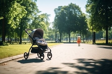 illustration, a baby stroller in the park, ai generative