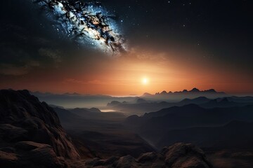 Moonlit Enchantment: A Star-Studded Night Sky Over Majestic Mountain Landscape, Generative AI