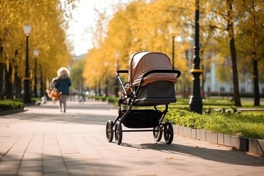 illustration, a baby stroller in the park, ai generative