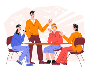 Business meeting and brainstorming, negotiation banner with people at the table, flat vector illustration isolated on white background. Business goals and discussion of working moments.