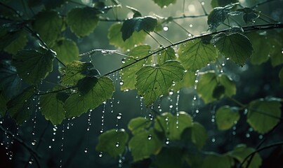  a tree branch with water droplets hanging from it's leaves.  generative ai