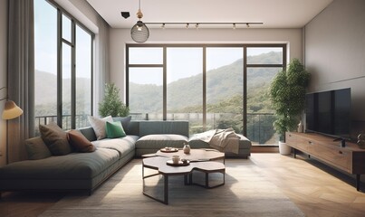 a living room with a large window overlooking a mountain range.  generative ai