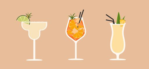 Set of summer cocktails with ice and fruits. An illustration of three cocktails in tall glasses. Vector illustration of margarita, spritz and pina colada
