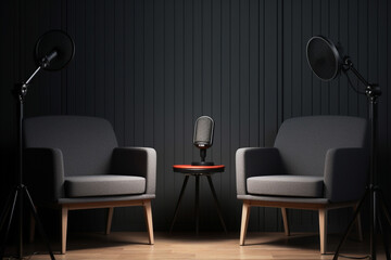 Two chairs and microphones in podcast or interview room on dark background, banner for media conversations or podcast streamers concepts with copyspace