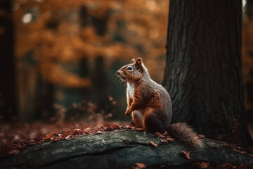 Naklejka na ściany i meble Squirrel sitting in the ground, autumn forest and beautiful cinematic light, blurred trees in the background. Generative ai.