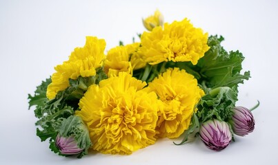  a bunch of yellow flowers sitting on top of a white table.  generative ai